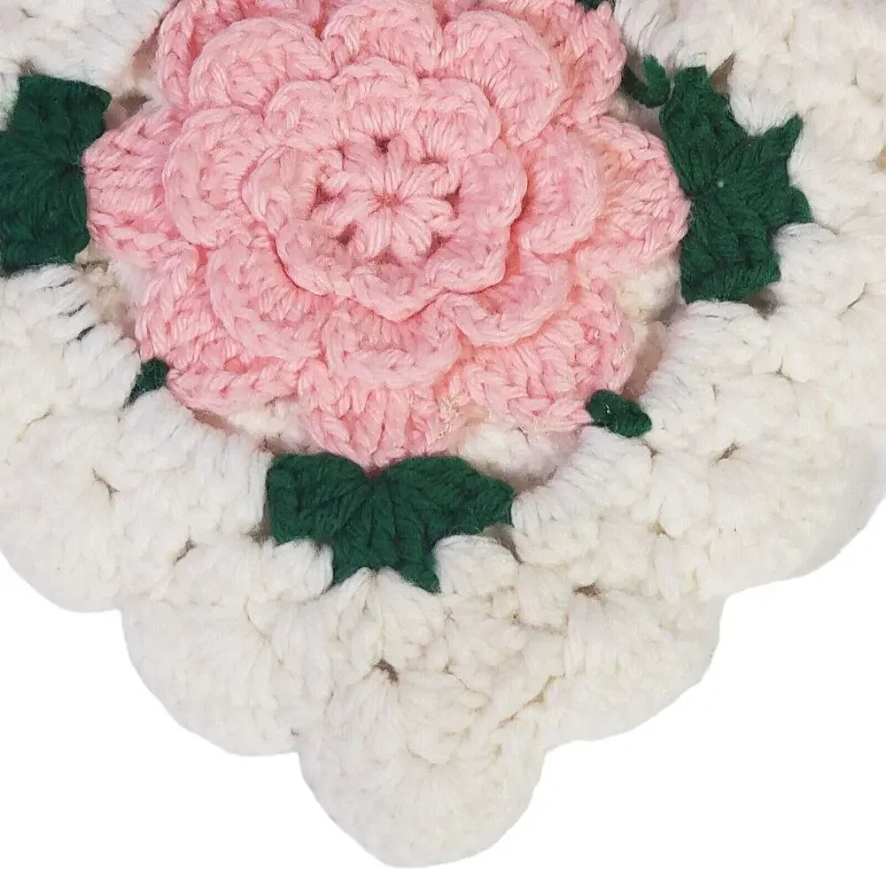 VTG Handmade Crochet 3D Pink Flower Pot holder Trivet Hot Pad Kitchen Decor